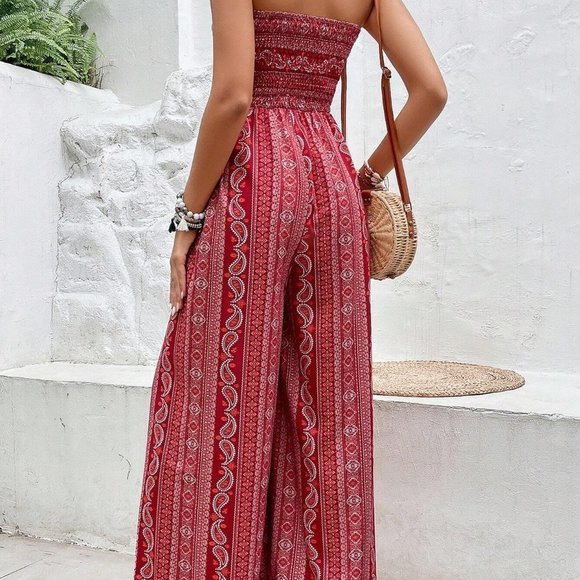 Boho Paisley Print Split Thigh Tube Jumpsuit Red - Picture 4 of 6